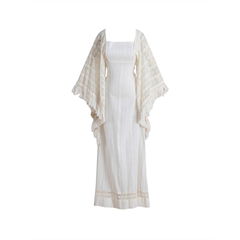 Vintage 70s Alfred Shaheen Miss K Boho Lace Angel Sleeve Fringe Maxi Dress small